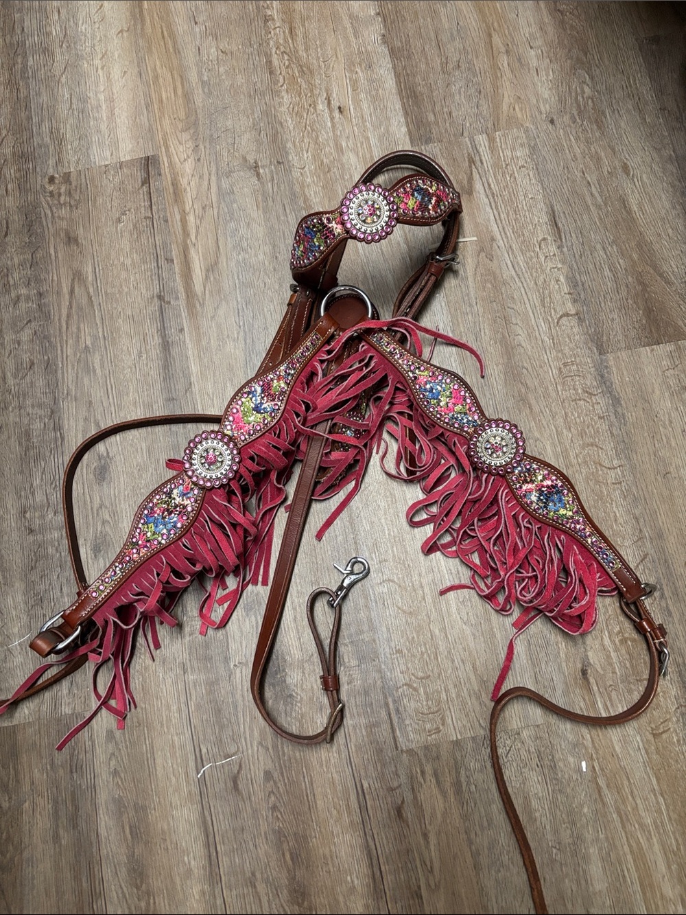 Western Fringe Dog Harness with Pink Accents and Multicolor Beading